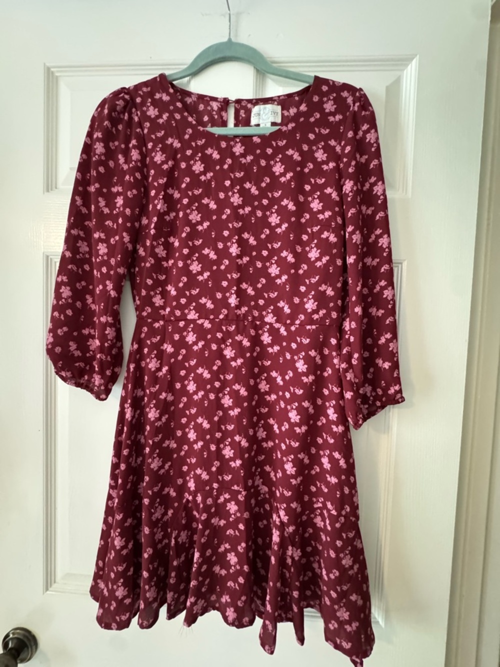 Women’s Burgundy Floral Mini Dress with Pink Print